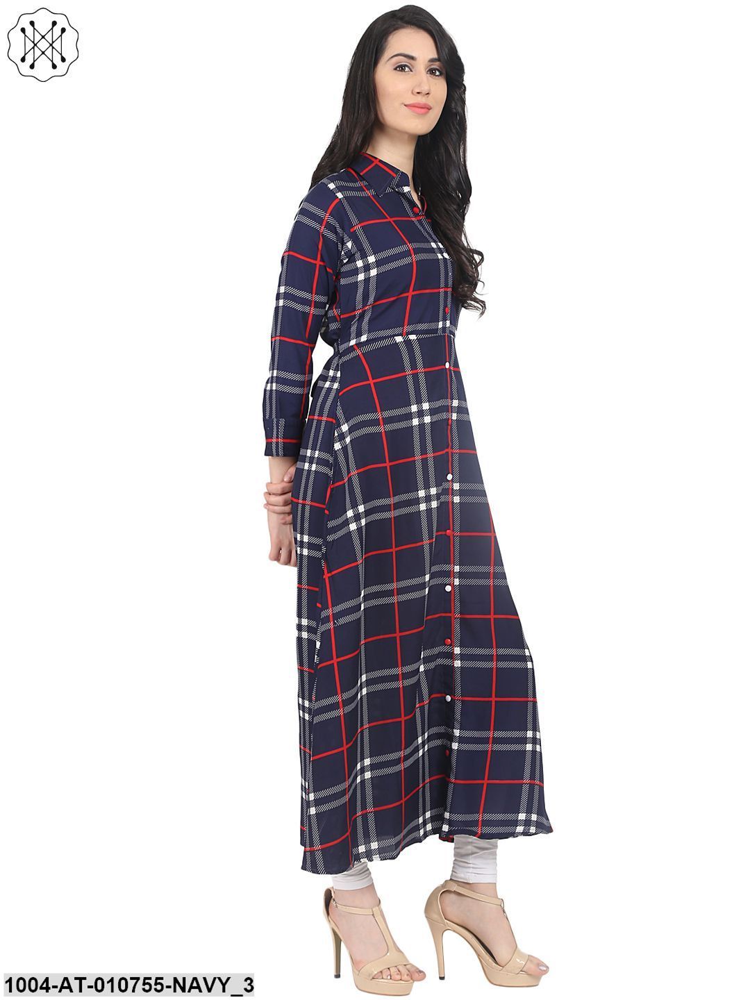 Navy Blue Check Printed 3/4Th Sleeve Crepe A-Line Kurta
