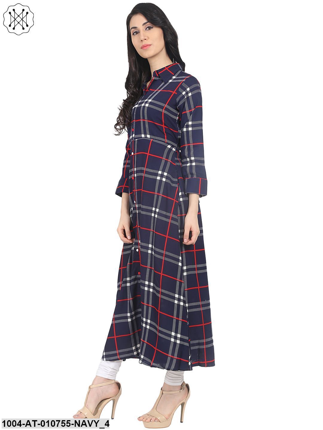 Navy Blue Check Printed 3/4Th Sleeve Crepe A-Line Kurta