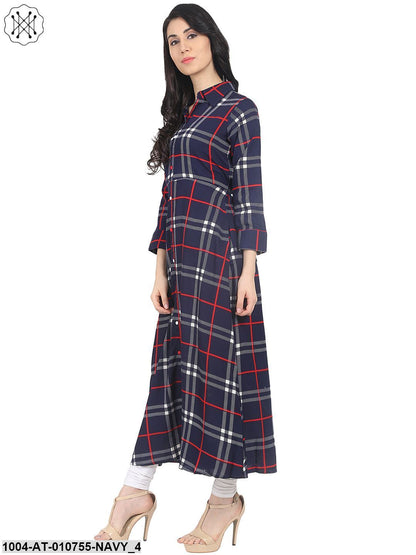 Navy Blue Check Printed 3/4Th Sleeve Crepe A-Line Kurta