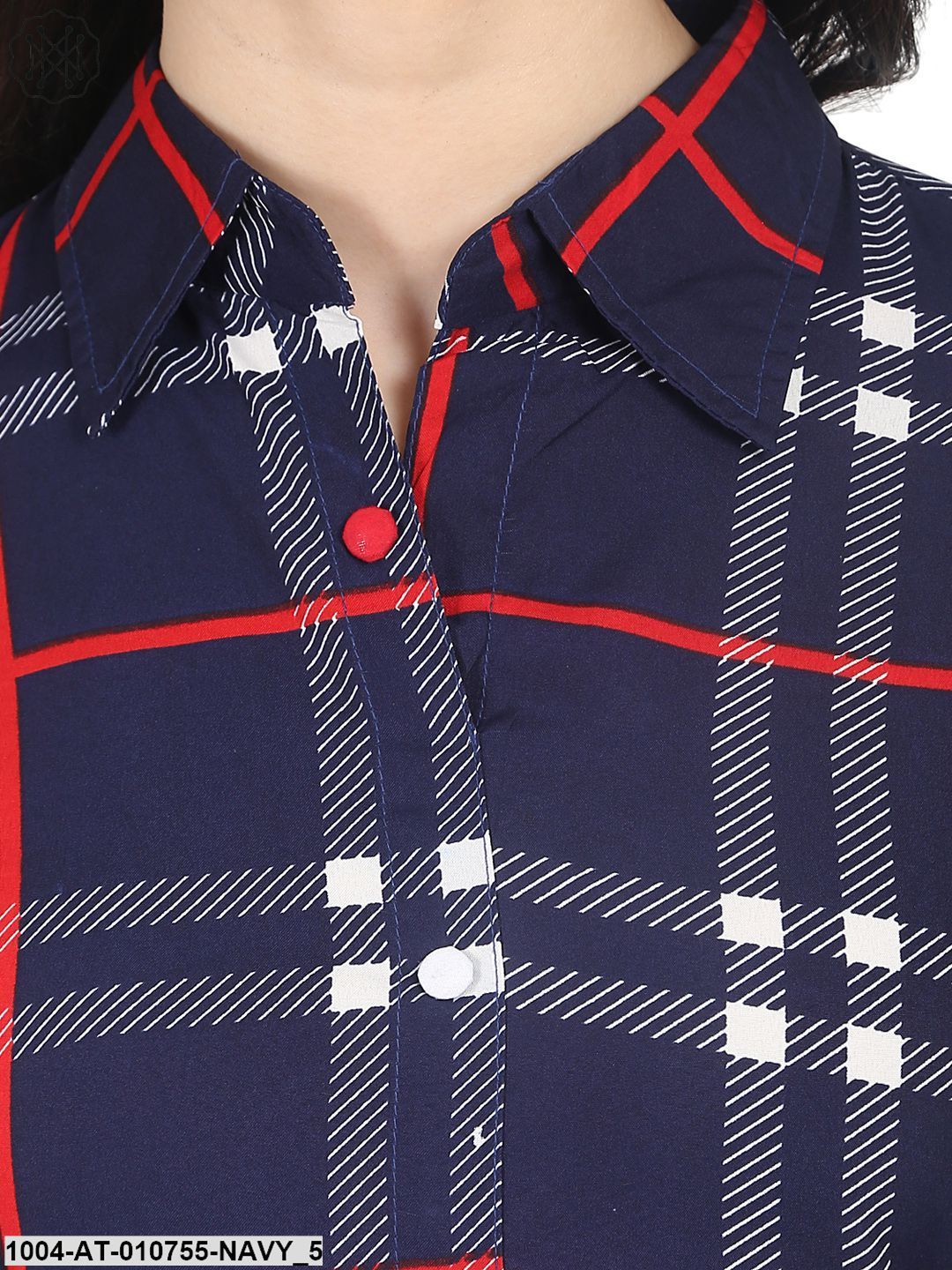 Navy Blue Check Printed 3/4Th Sleeve Crepe A-Line Kurta