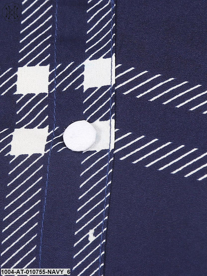 Navy Blue Check Printed 3/4Th Sleeve Crepe A-Line Kurta