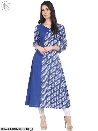 Blue Striped 3/4Th Sleeve Cotton A-Line Kurta