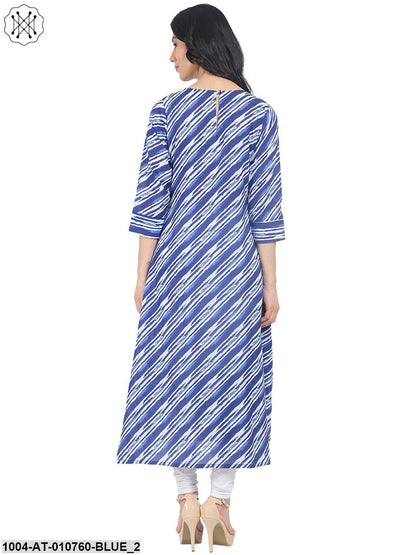 Blue Striped 3/4Th Sleeve Cotton A-Line Kurta