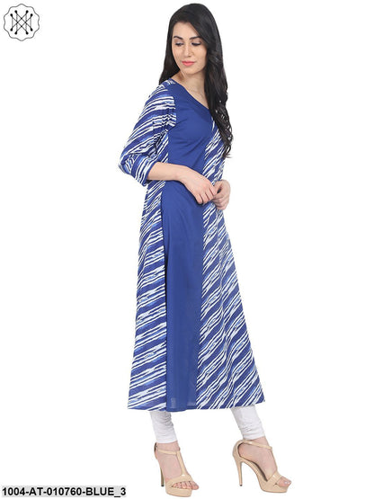 Blue Striped 3/4Th Sleeve Cotton A-Line Kurta