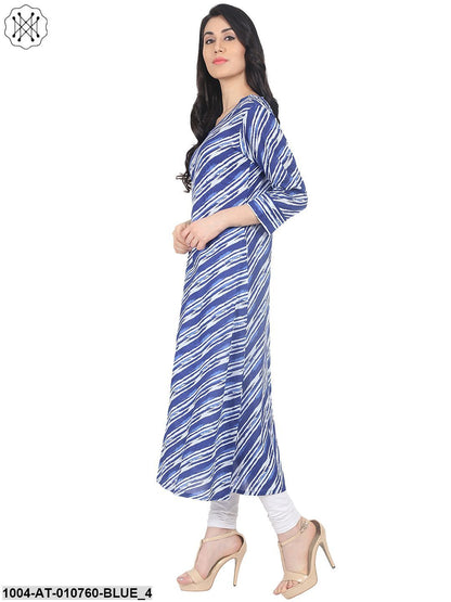 Blue Striped 3/4Th Sleeve Cotton A-Line Kurta