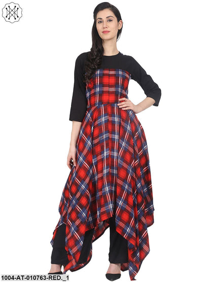 Red Check 3/4Th Sleeve Cotton Asymetric Maxi Dress