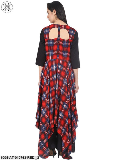 Red Check 3/4Th Sleeve Cotton Asymetric Maxi Dress
