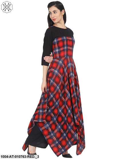 Red Check 3/4Th Sleeve Cotton Asymetric Maxi Dress