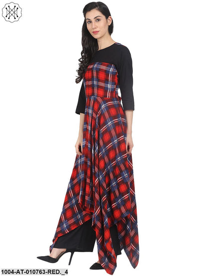 Red Check 3/4Th Sleeve Cotton Asymetric Maxi Dress