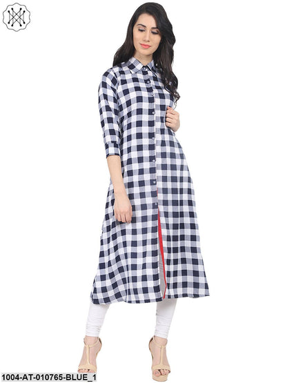 Blue Check Half Sleeve Crepe A-Line Kurta
