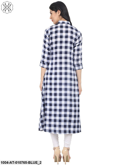 Blue Check Half Sleeve Crepe A-Line Kurta