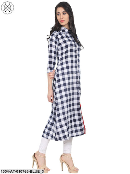 Blue Check Half Sleeve Crepe A-Line Kurta