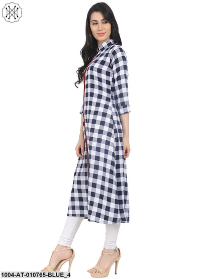 Blue Check Half Sleeve Crepe A-Line Kurta