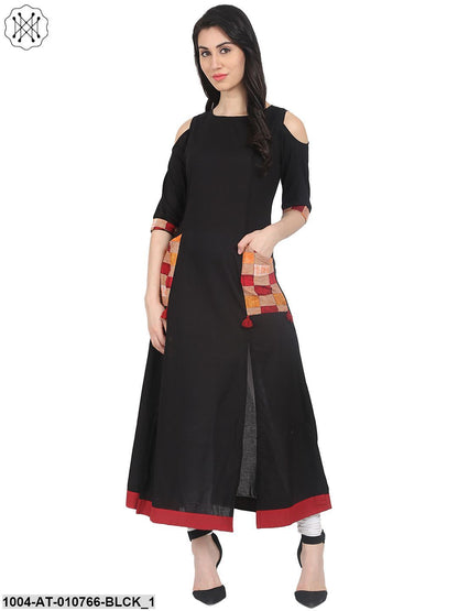 Black 3/4Th Sleeve Cold Shoulder Cotton Anarkali Kurta With Double Pocket