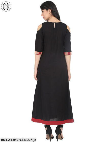 Black 3/4Th Sleeve Cold Shoulder Cotton Anarkali Kurta With Double Pocket