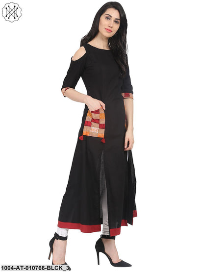 Black 3/4Th Sleeve Cold Shoulder Cotton Anarkali Kurta With Double Pocket