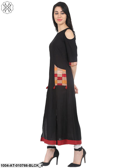 Black 3/4Th Sleeve Cold Shoulder Cotton Anarkali Kurta With Double Pocket