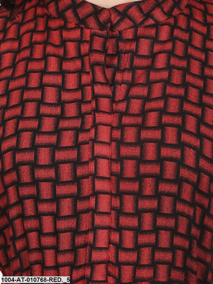 Dark Red Check Printed 3/4Th Sleeve Cotton Anarkali Kurta