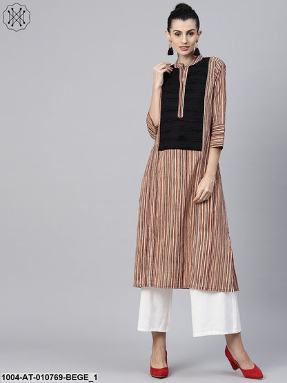 Beige Striped 3/4Th Sleeve Cotton Kurta