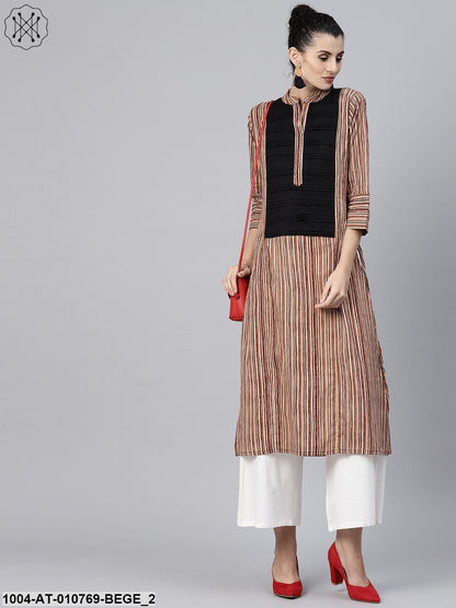 Beige Striped 3/4Th Sleeve Cotton Kurta
