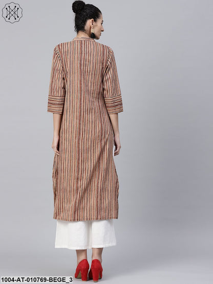 Beige Striped 3/4Th Sleeve Cotton Kurta