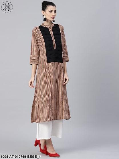 Beige Striped 3/4Th Sleeve Cotton Kurta