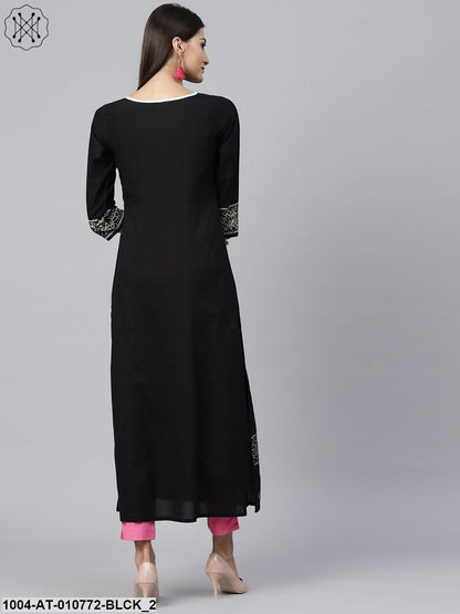 Black Block Printed 3/4Th Sleeve Cotton Kurta