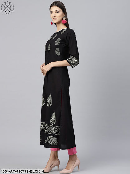 Black Block Printed 3/4Th Sleeve Cotton Kurta