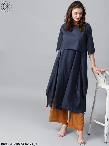 Navy Blue 3/4Th Sleeve Cotton Layered Kurta