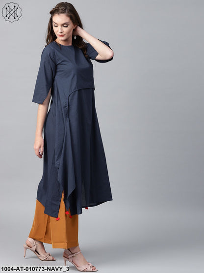 Navy Blue 3/4Th Sleeve Cotton Layered Kurta