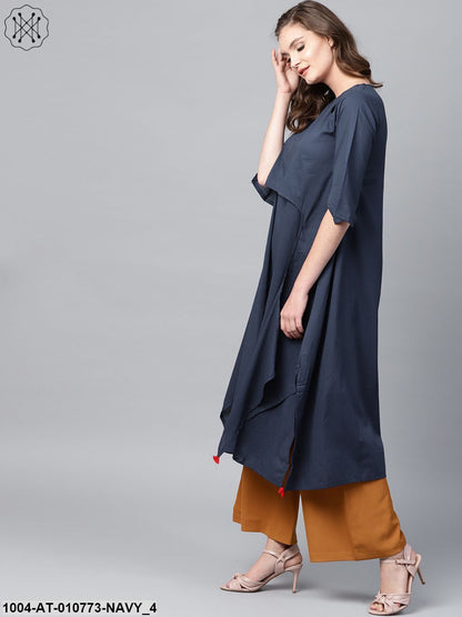 Navy Blue 3/4Th Sleeve Cotton Layered Kurta