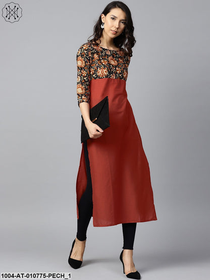 Peach Printed 3/4Th Sleeve Yoke Printed Cotton Kurta
