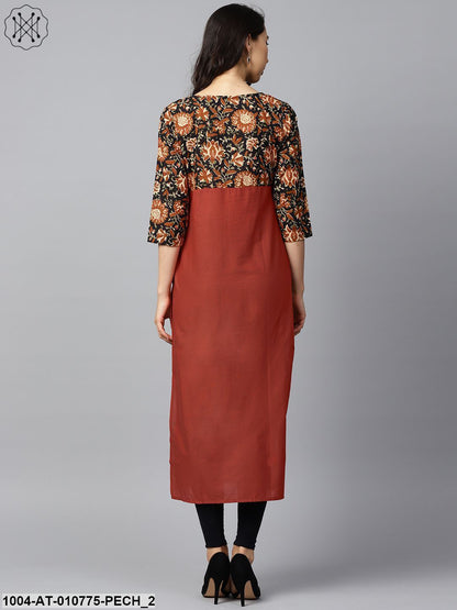 Peach Printed 3/4Th Sleeve Yoke Printed Cotton Kurta