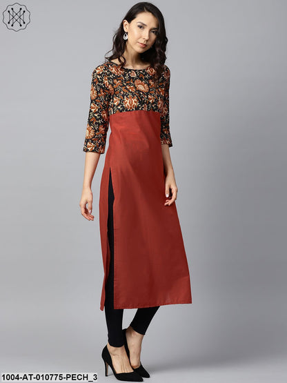 Peach Printed 3/4Th Sleeve Yoke Printed Cotton Kurta