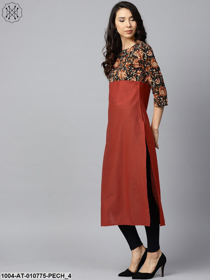 Peach Printed 3/4Th Sleeve Yoke Printed Cotton Kurta