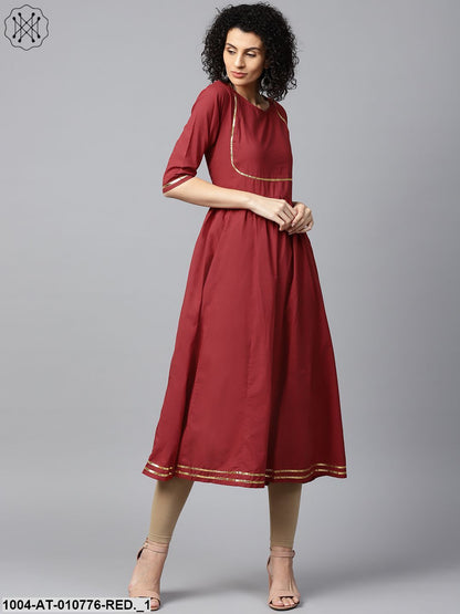 Red Printed 3/4Th Sleeve Cotton Anarkali Kurta