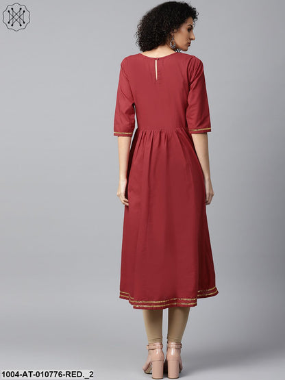 Red Printed 3/4Th Sleeve Cotton Anarkali Kurta