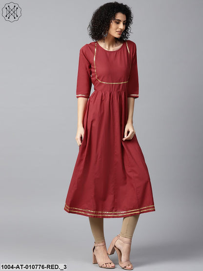 Red Printed 3/4Th Sleeve Cotton Anarkali Kurta
