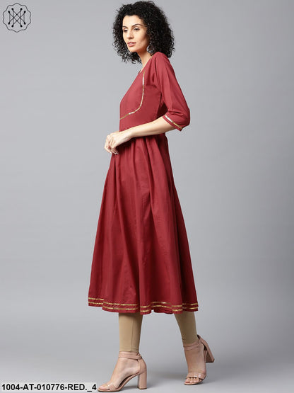 Red Printed 3/4Th Sleeve Cotton Anarkali Kurta