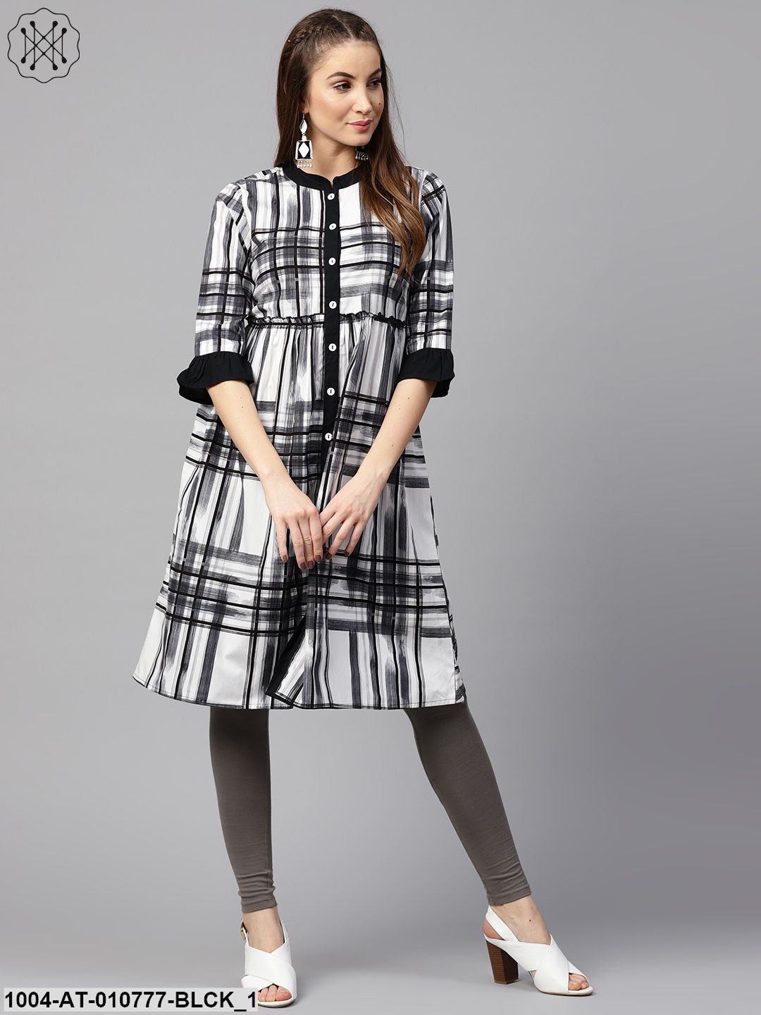 Black Check 3/4Th Sleeve Front Open Kurta