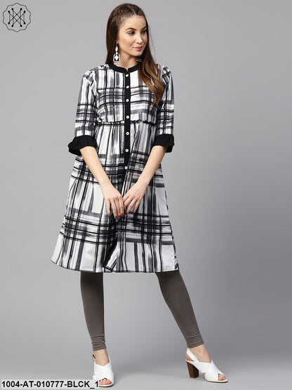 Black Check 3/4Th Sleeve Front Open Kurta