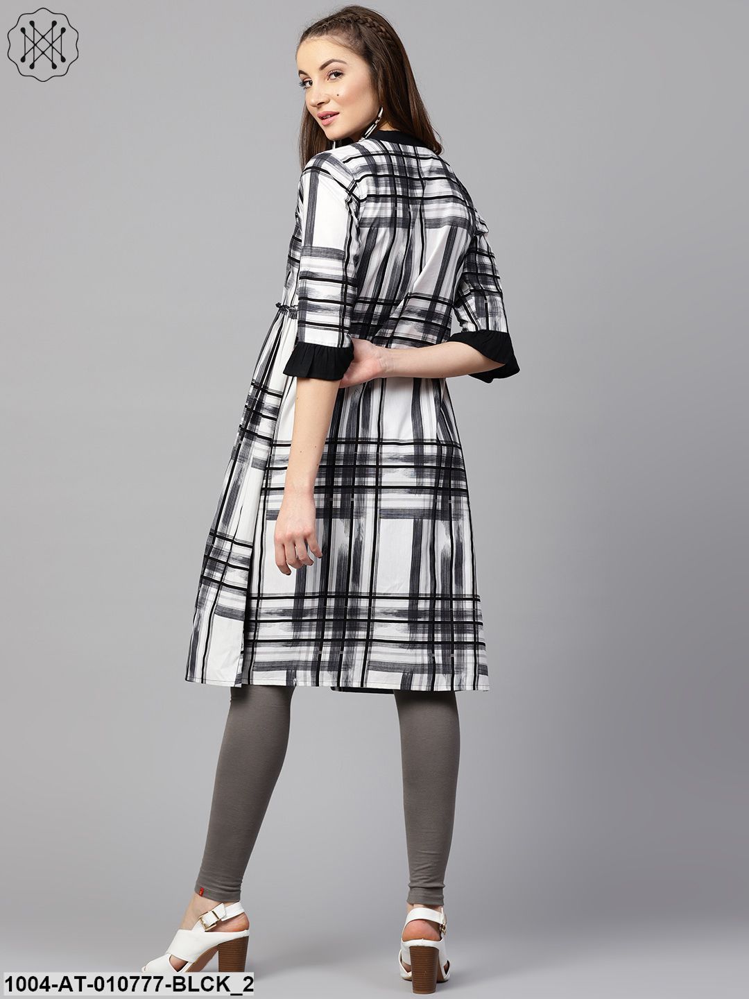 Black Check 3/4Th Sleeve Front Open Kurta