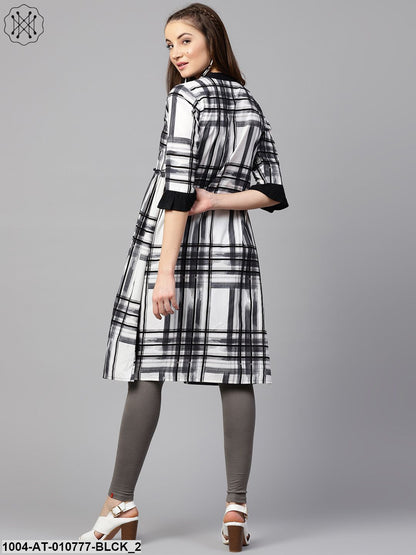 Black Check 3/4Th Sleeve Front Open Kurta
