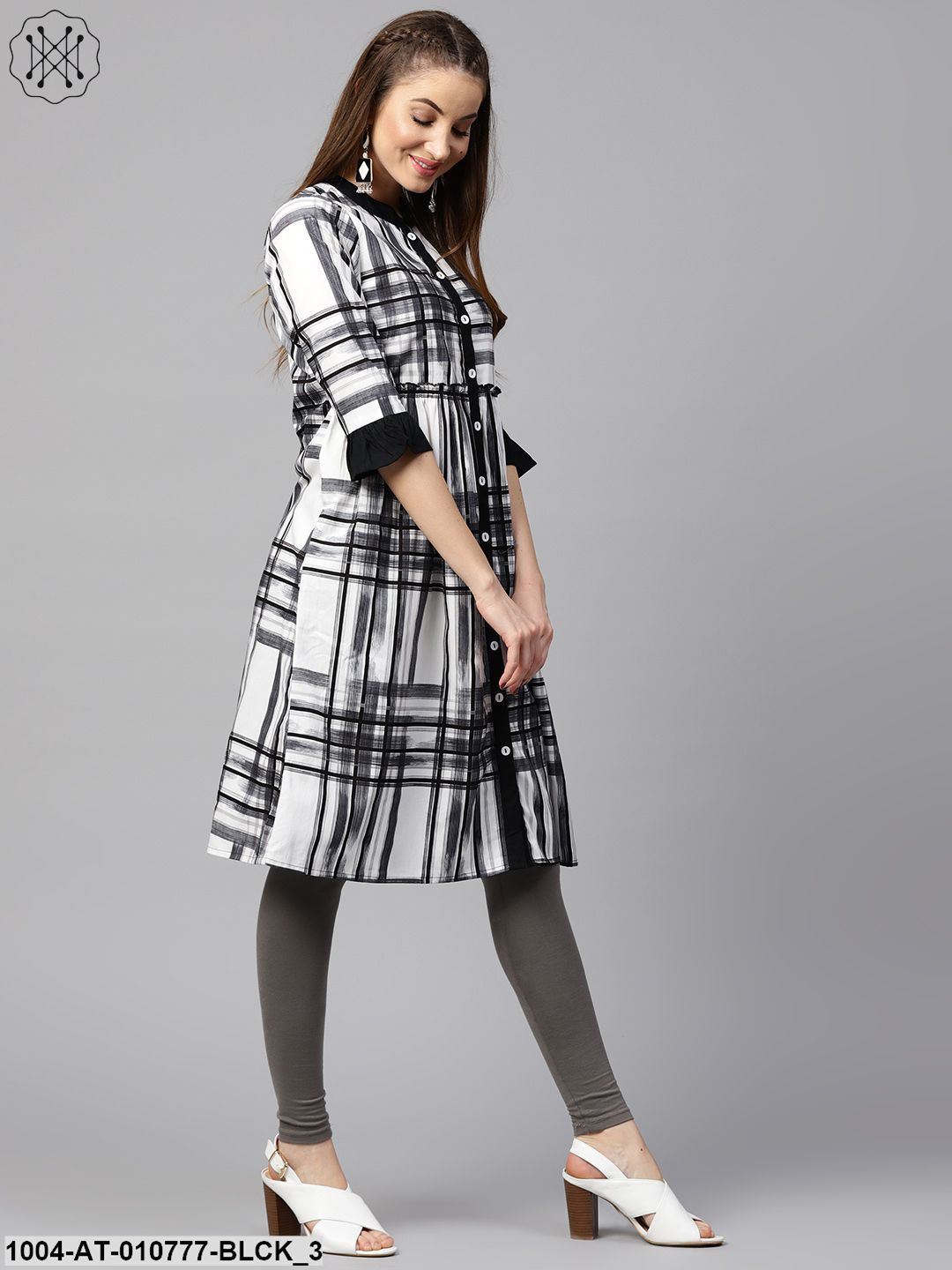 Black Check 3/4Th Sleeve Front Open Kurta