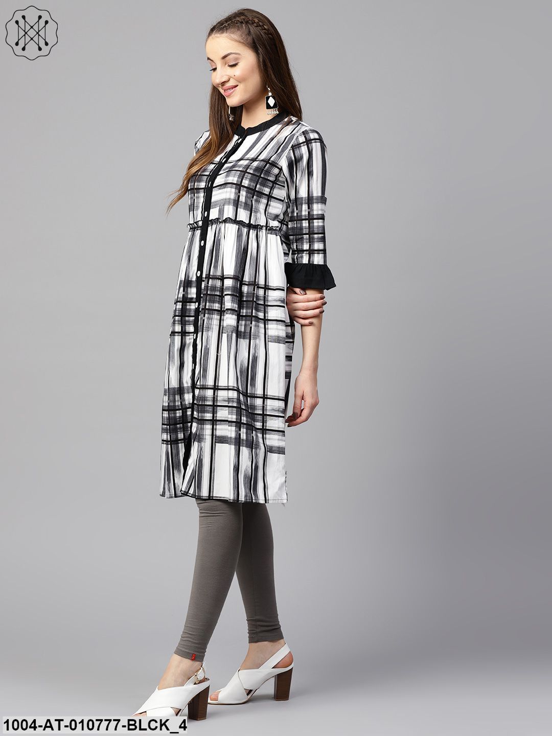 Black Check 3/4Th Sleeve Front Open Kurta