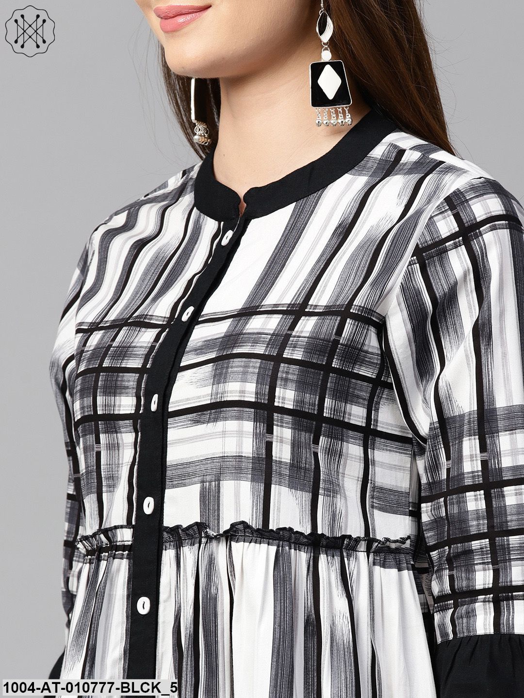 Black Check 3/4Th Sleeve Front Open Kurta