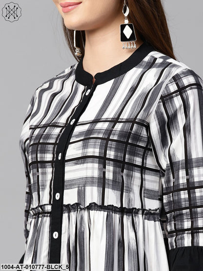 Black Check 3/4Th Sleeve Front Open Kurta