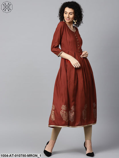 Maroon Block Printed 3/4Th Sleeve Cotton Anarkali Kurta