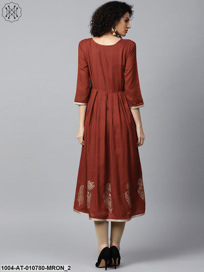 Maroon Block Printed 3/4Th Sleeve Cotton Anarkali Kurta