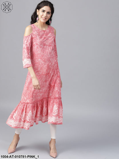 Pink Printed 3/4Th Sleeve Cold Shoulder Cotton A-Line Kurta